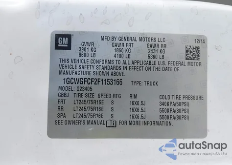 2015 Chevrolet Express 2500 Work Van z USA, uszkodzony, nr VIN 1GCWGFCF2F1153166